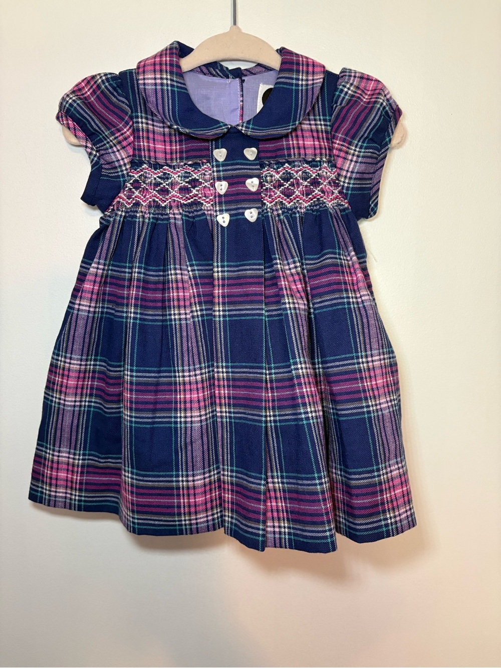 Girls Navy and Pink Plaid Smocked Dress